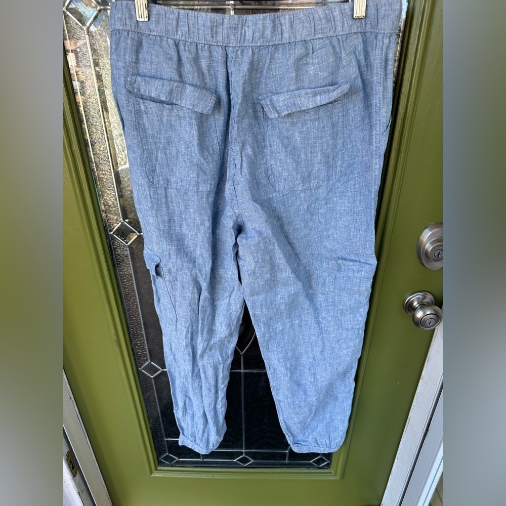 100% Flax Linen Xl Womens Cargo Ankle Crop Blue Cuff Drawstring Stretchy Pants - Picture 5 of 5
